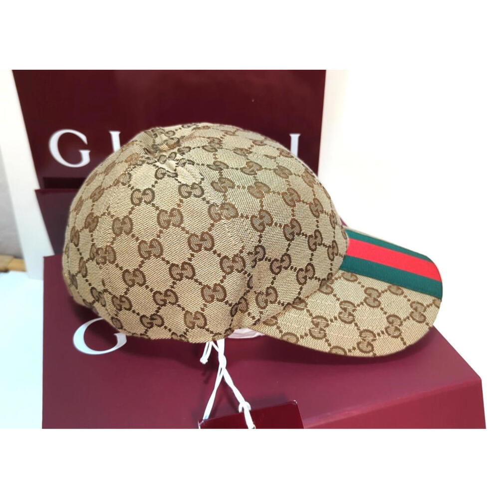 NWT! GUCCI Original GG Beige & Ebony canvas baseball hat with Web Stripe Size M - Picture 2 of 16